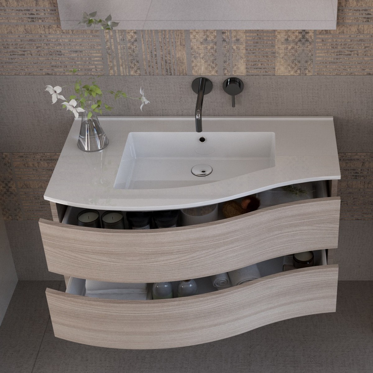 Meuble de salle de bain suspendu 90cm bois d'orme tIerra...