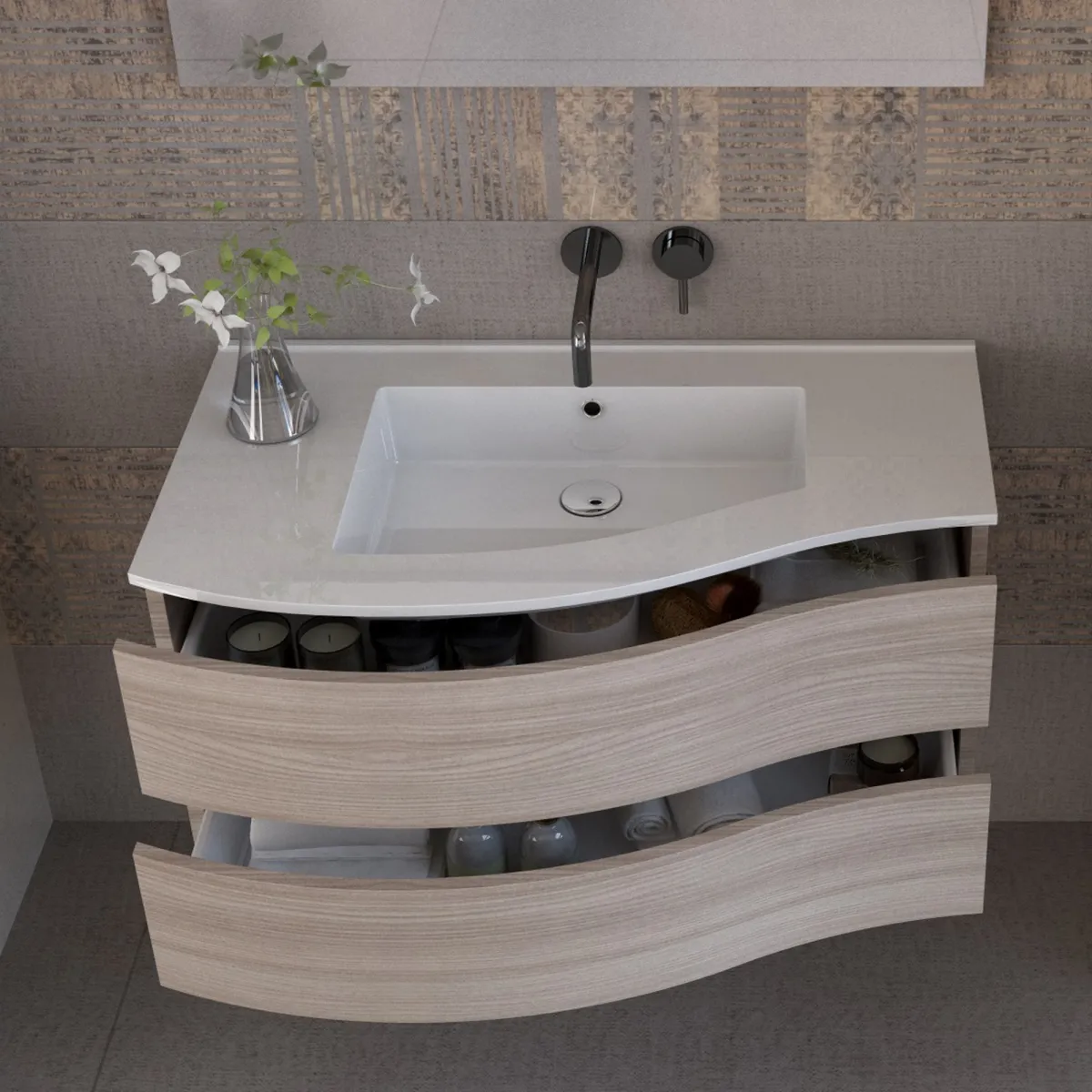 Meuble de salle de bain suspendu 90cm bois d'orme tIerra...