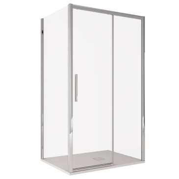 Soluzione arredo bagno contemporaneo con box doccia angolare 6mm Lagoa Duo installato su piatto doccia moderno.
