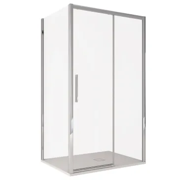 Soluzione arredo bagno contemporaneo con box doccia angolare 6mm Lagoa Duo installato su piatto doccia moderno.