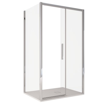 Soluzione arredo bagno contemporaneo con box doccia angolare 6mm Lagoa Duo installato su piatto doccia moderno.