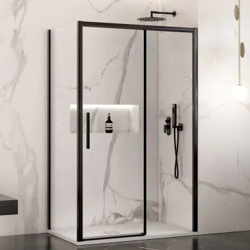 Box doccia angolare Lagoa Duo con profili neri e doppia porta scorrevole, cristallo trasparente 6mm, altezza 195cm.