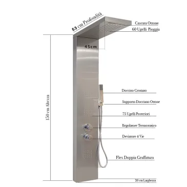 Colonne d'hydromassage thermostatique en acier inoxydable brossé diamant
