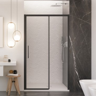 Porte de douche coulissante Lagoa avec profilés noirs pour niche de salle de bain