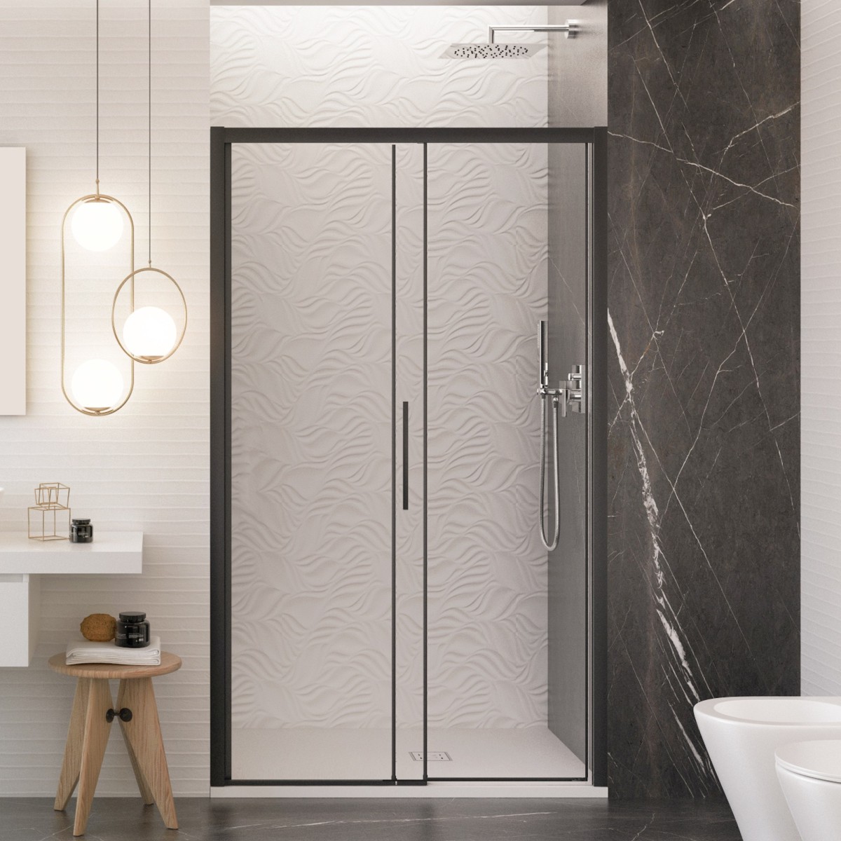 Ambientazione bagno contemporaneo con porta doccia a...