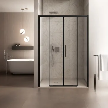 Porte de douche coulissante LAGOA DUO avec profilés noirs et 2 portes centrales