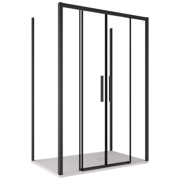 Vista frontale del box doccia Lagoa-Trio con anta scorrevole aperta, cristallo trasparente 6mm e telaio nero stile Industrial.