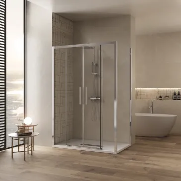 Box doccia angolare Lagoa Duo con doppia porta scorrevole e ingresso centrale, cristallo trasparente 6mm anticalcare.