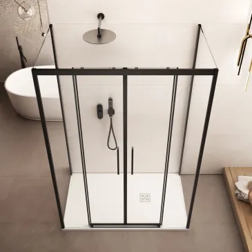 Ambientazione box doccia a tre lati nero opaco Lagoa-Trio installato a centro parete, perfetto per uno stile Urban Chic.