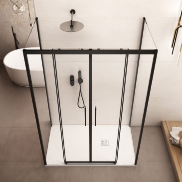 Dreiseitige Duschkabine mit schwarzen Profilen aus 6 mm starkem, transparentem LAGOA-Glas