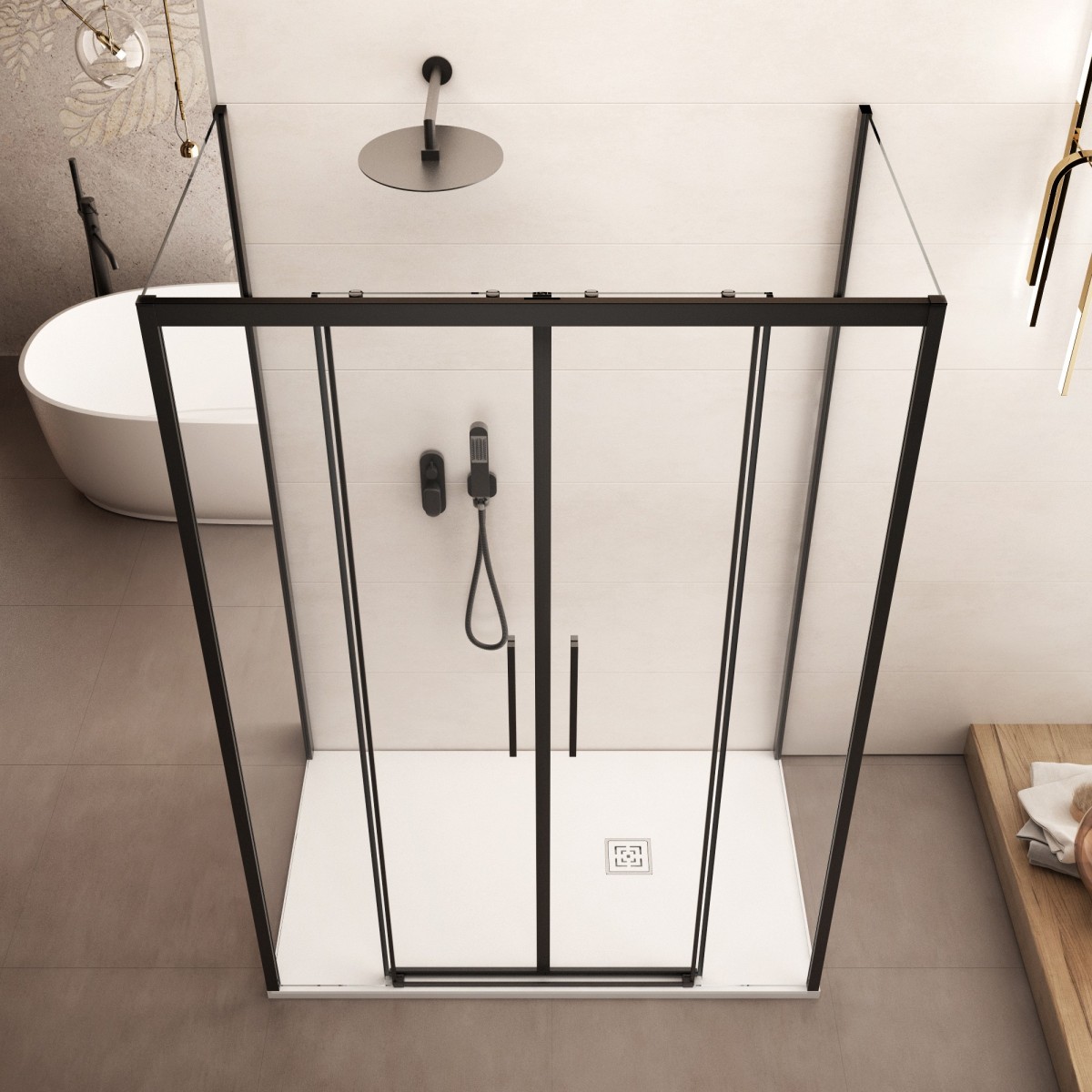 Cabine de douche à trois côtés avec profilés noirs LAGOA...