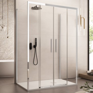 Cabine de douche LAGOA à trois côtés, verre de 6 mm, design minimaliste, porte coulissante