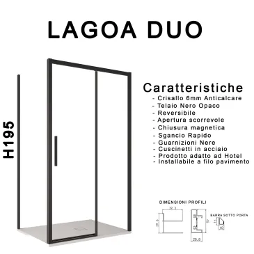 Cabine de douche double face avec profilés noirs LAGOA en verre transparent de 6 mm