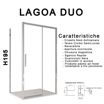 Schema tecnico e misure del box doccia due lati Lagoa Duo, altezza 195cm e tolleranza di installazione dei profili.
