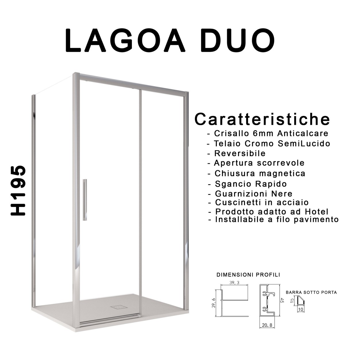 Schema tecnico e misure del box doccia due lati Lagoa...