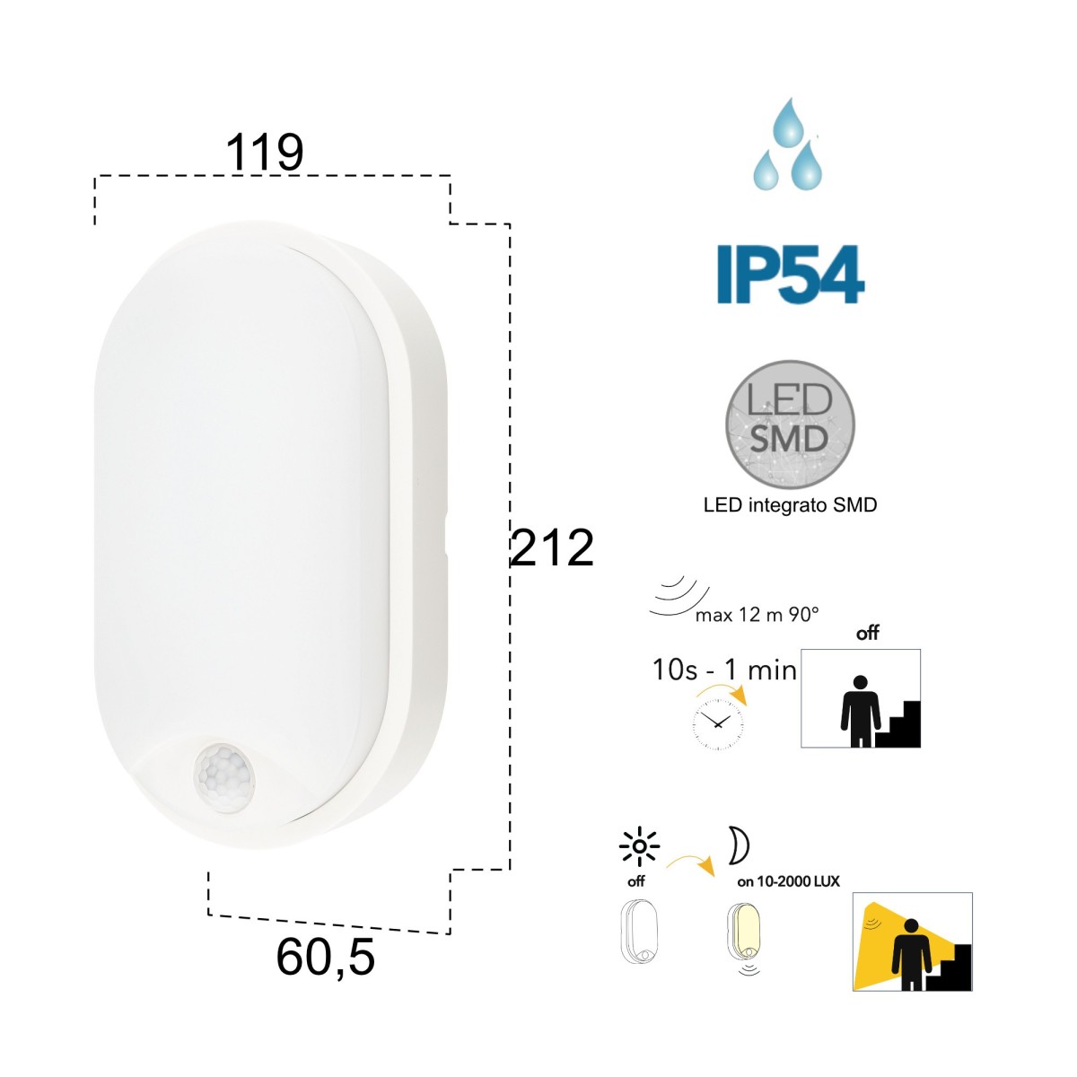 Plafoniera per esterno 14W a led 3000K con sensore bianca...