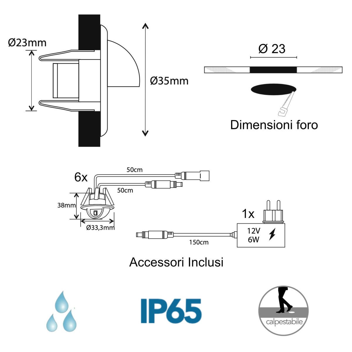 Kit de 6 lampes de marche LED en nickel | Mondialshop