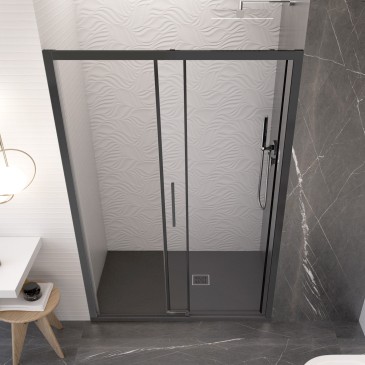Dettaglio del profilo verticale in alluminio nero opaco della porta doccia Lagoa, design minimale e finitura antigraffio.