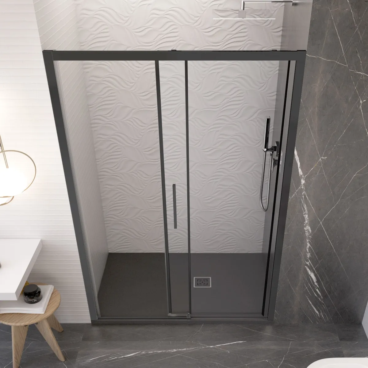 Lagoa Schiebetür für Dusche mit schwarzen Profilen für...