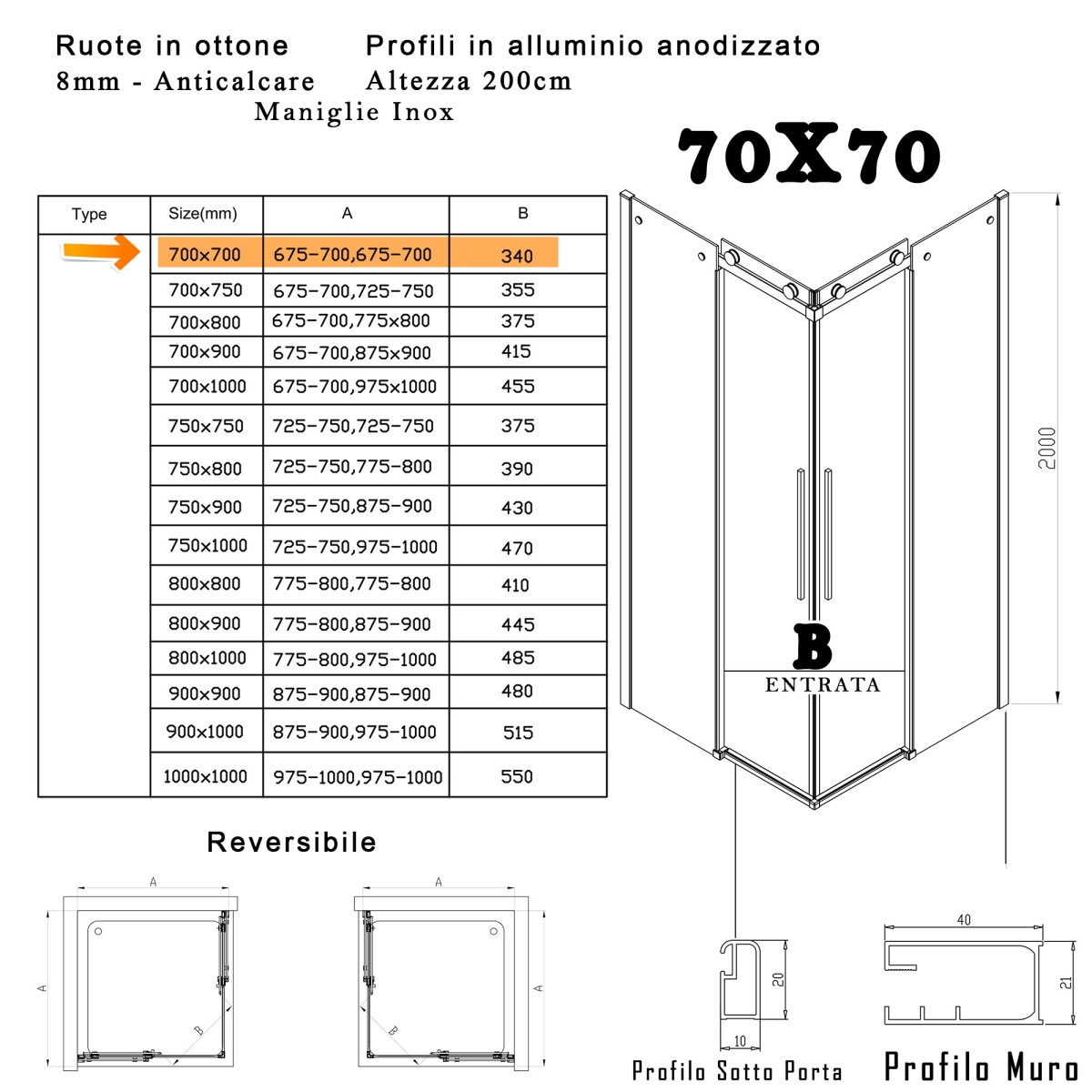 Box Doccia 2 lati con ante scorrevoli H200 anticalcare...