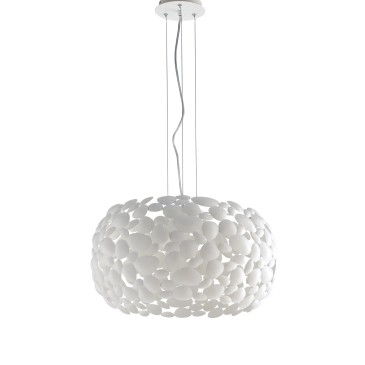 Lampada a sospensione 60W 3XE27 diametro 48cm bianca. Moderno punto luce con struttura in metallo a forma di sassi