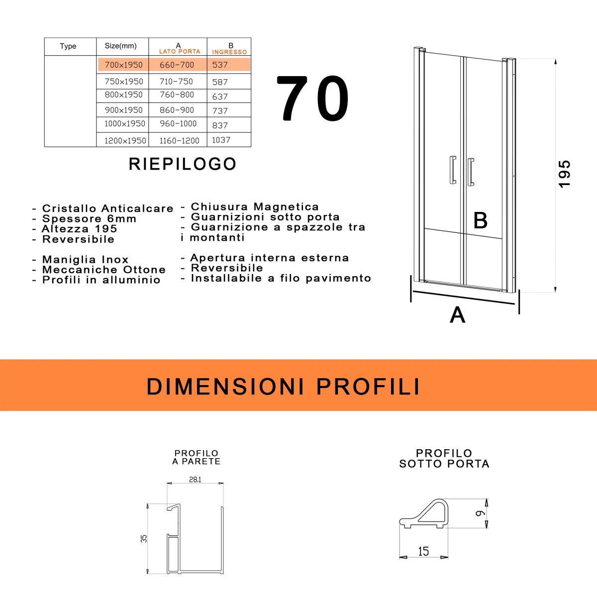 Porta doccia saloon in cristallo con due ante H195 DOBLA