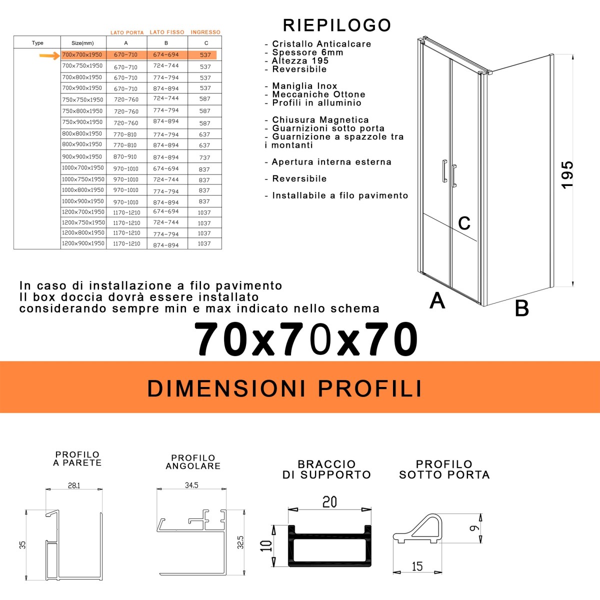 Box doccia 3 lati apertura saloon cristallo H195...