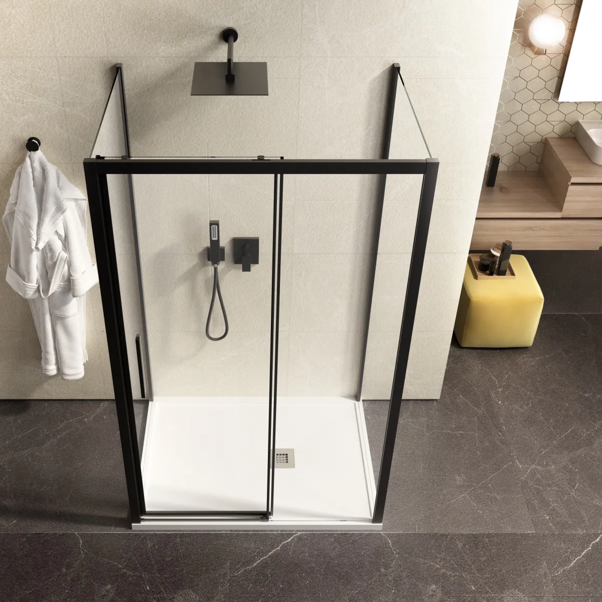 Soluzione arredo bagno moderno con box doccia tre lati...