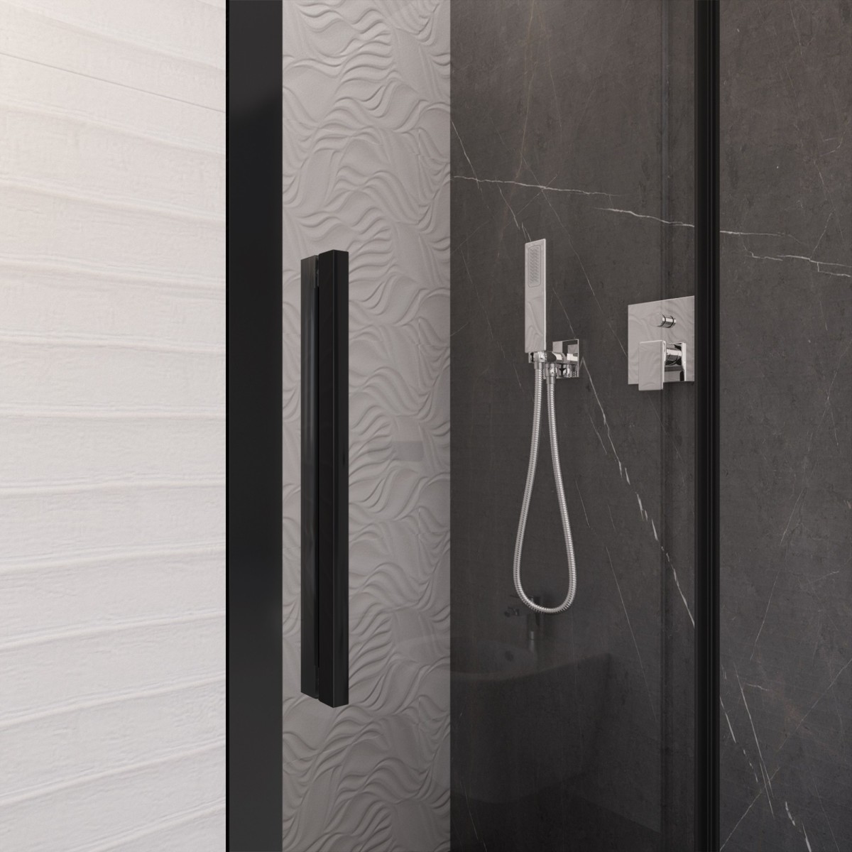 Cabine de douche à trois côtés avec profilés noirs,...
