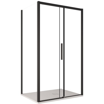 box doccia tre lati Lagoa con profili neri, quote dimensionali per installazione a centro parete e altezza 195cm.