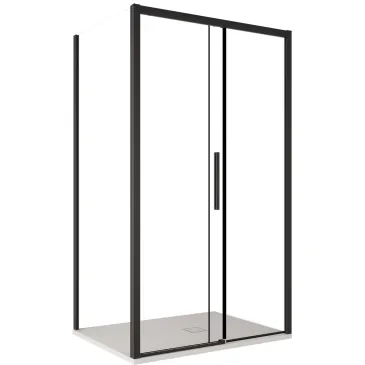 box doccia tre lati Lagoa con profili neri, quote dimensionali per installazione a centro parete e altezza 195cm.