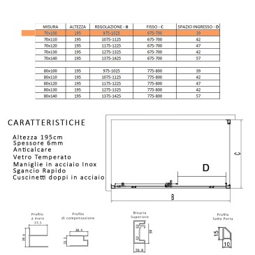 Scheda tecnica box doccia due lati LAGOA 70X100