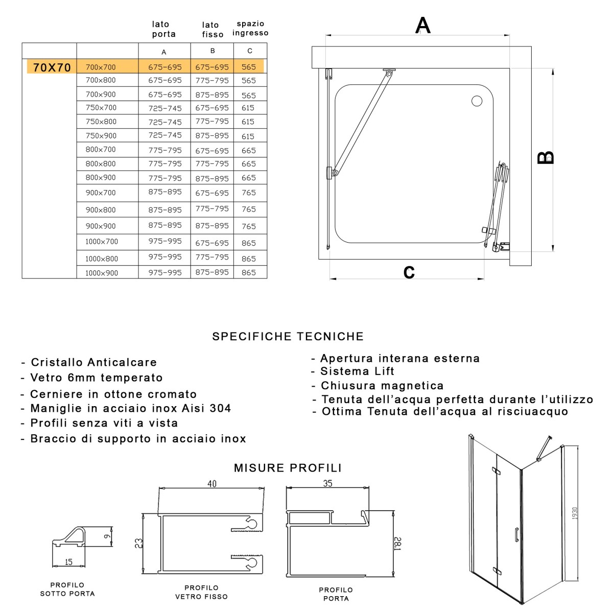 Porte de douche pliante double face transparente H195 REA