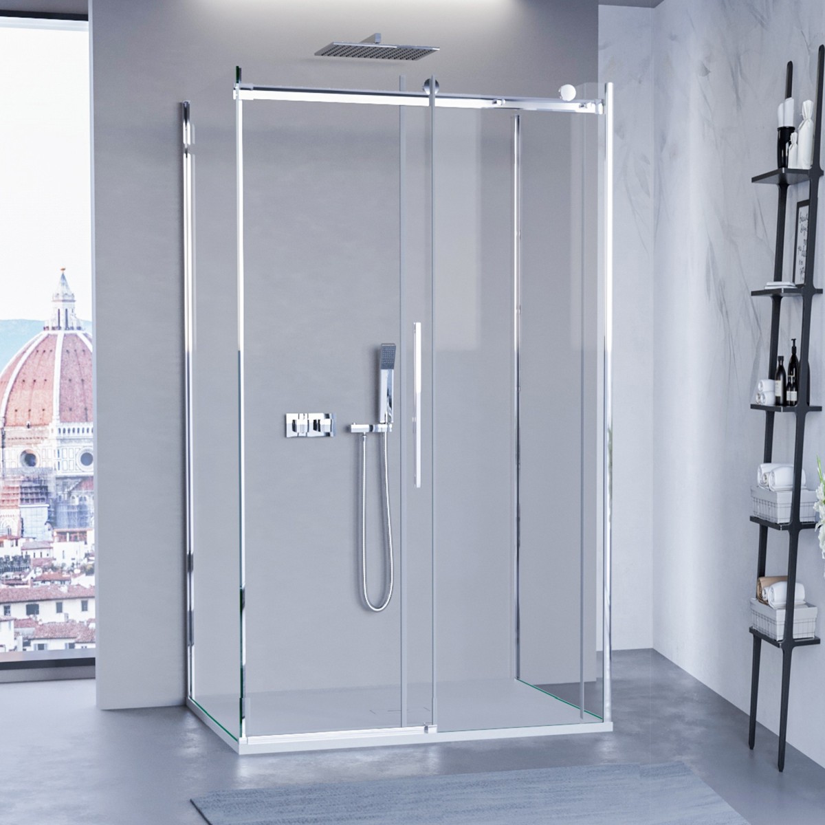 Soluzione arredo bagno con box doccia a tre lati vetro...