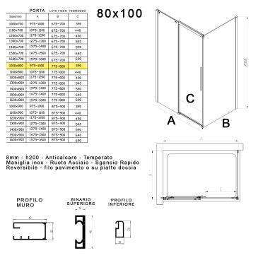 Cabine de douche à double porte coulissante, 200 cm de hauteur, anticalcaire, TARGET