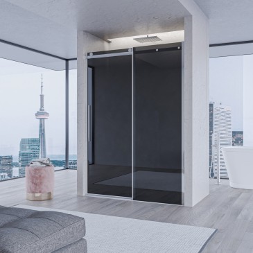 Porta doccia scorrevole Euclide con vetro fumè altezza 195cm e spessore 8mm, design moderno per nicchia bagno.