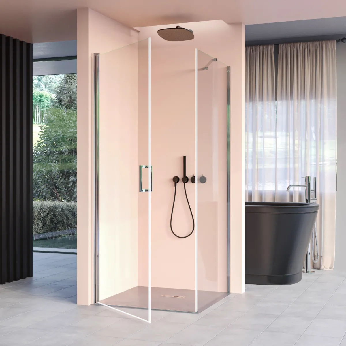 Cabine de douche 2 côtés avec porte battante et côté fixe...