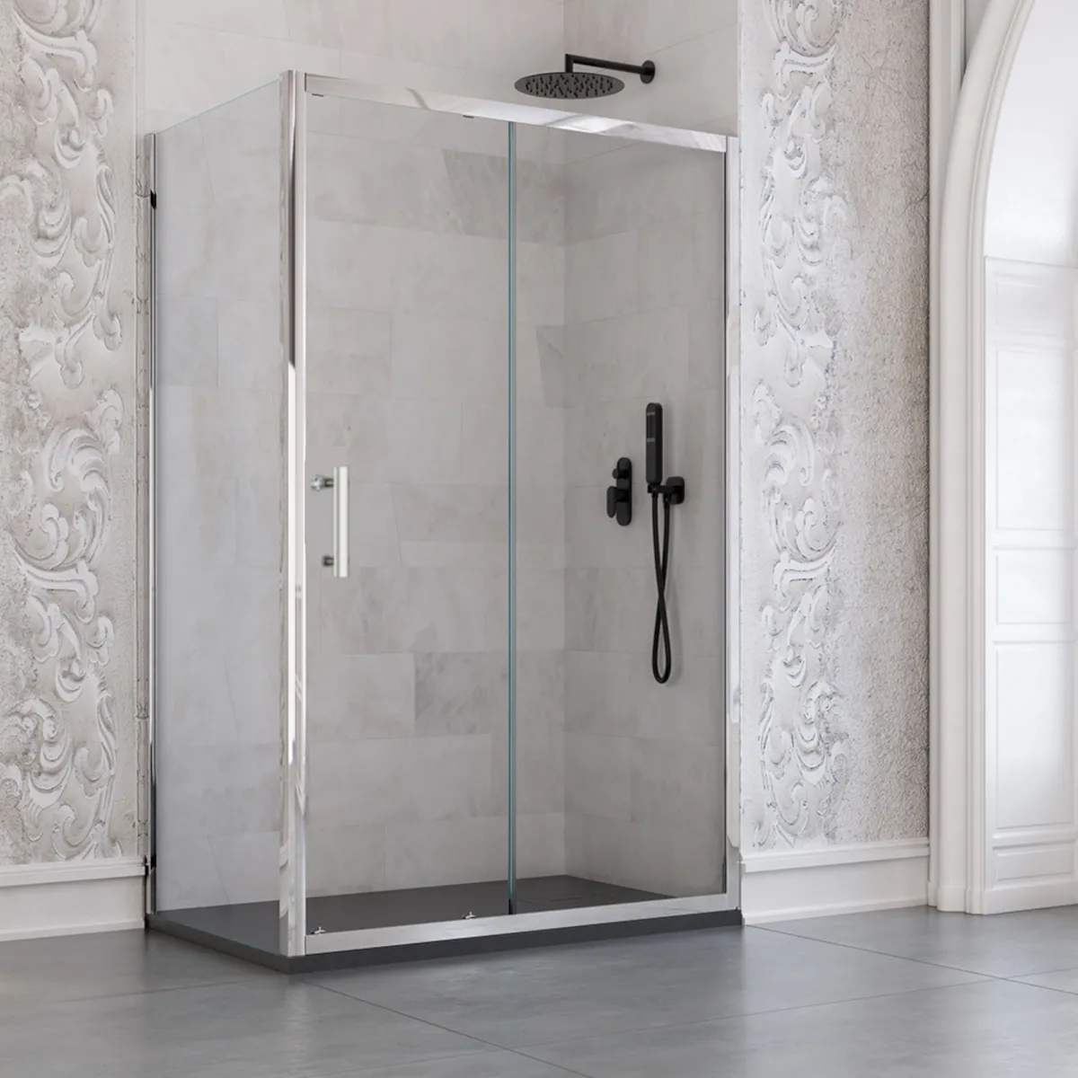 Cabine de douche d'angle transparente avec porte et côté...