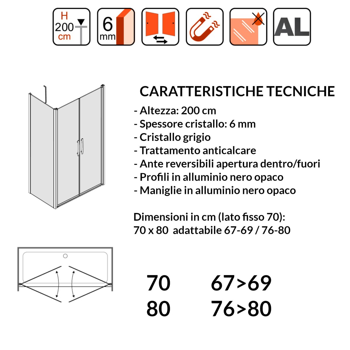 Porte de douche 1 côté fixe en verre gris avec profils...
