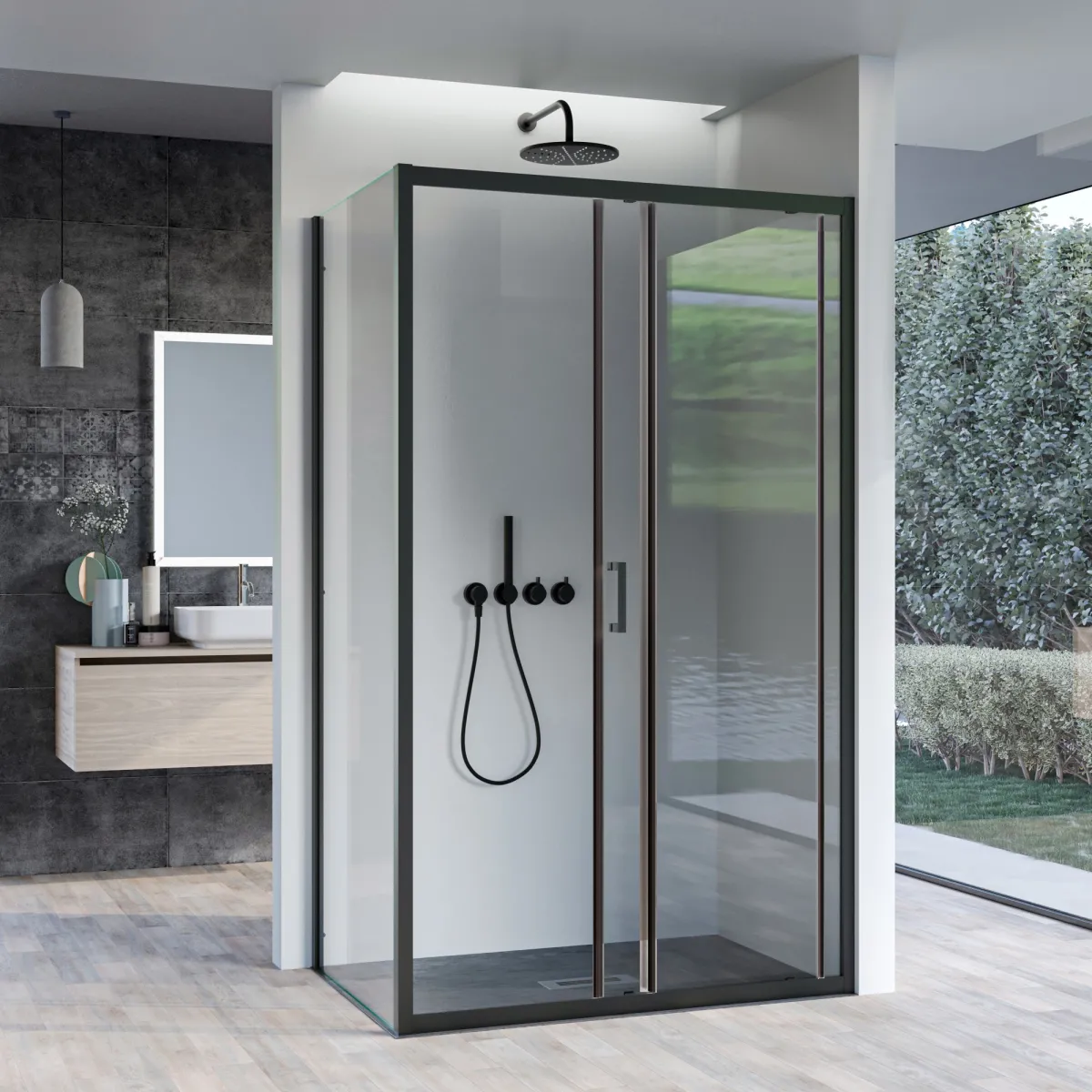 Cabine de douche 2 faces avec porte coulissante...