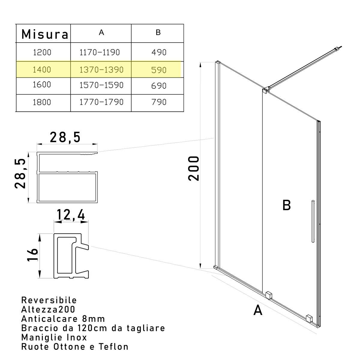 Scheda tecnica porta doccia scorrevole 200x140