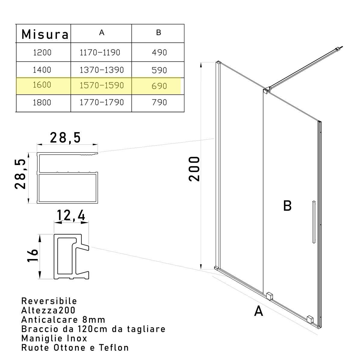 Scheda tecnica porta doccia scorrevole 200x160