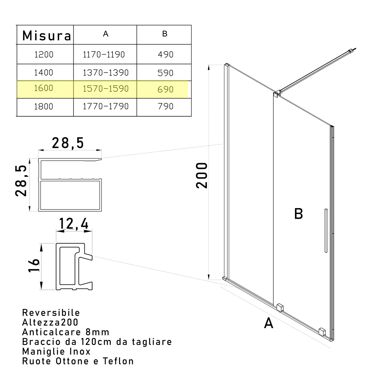 Scheda tecnica porta doccia scorrevole 200x160