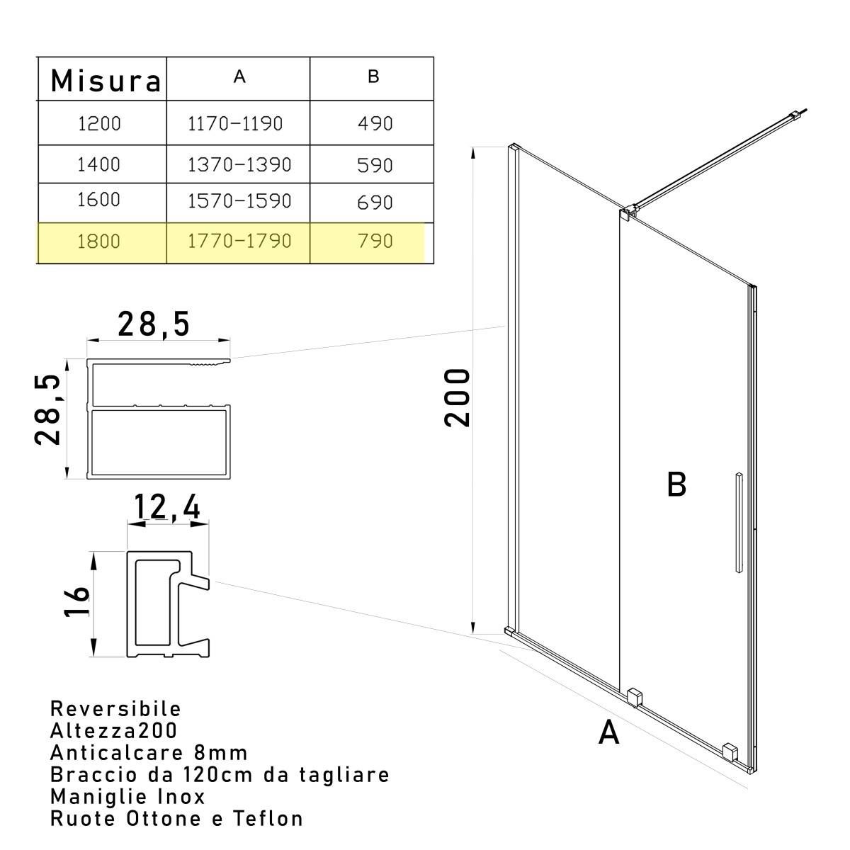 Scheda tecnica porta doccia scorrevole 200x180