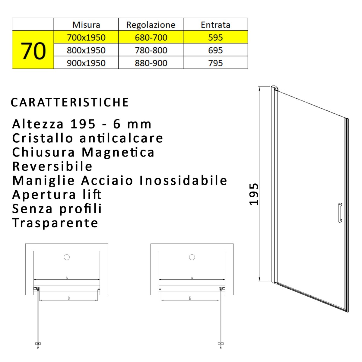 Porte de douche battante pour niche, H195cm, traitement...