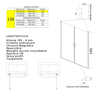 Porta doccia a battente con apertura a saloon H195 anticalcare SALEMA