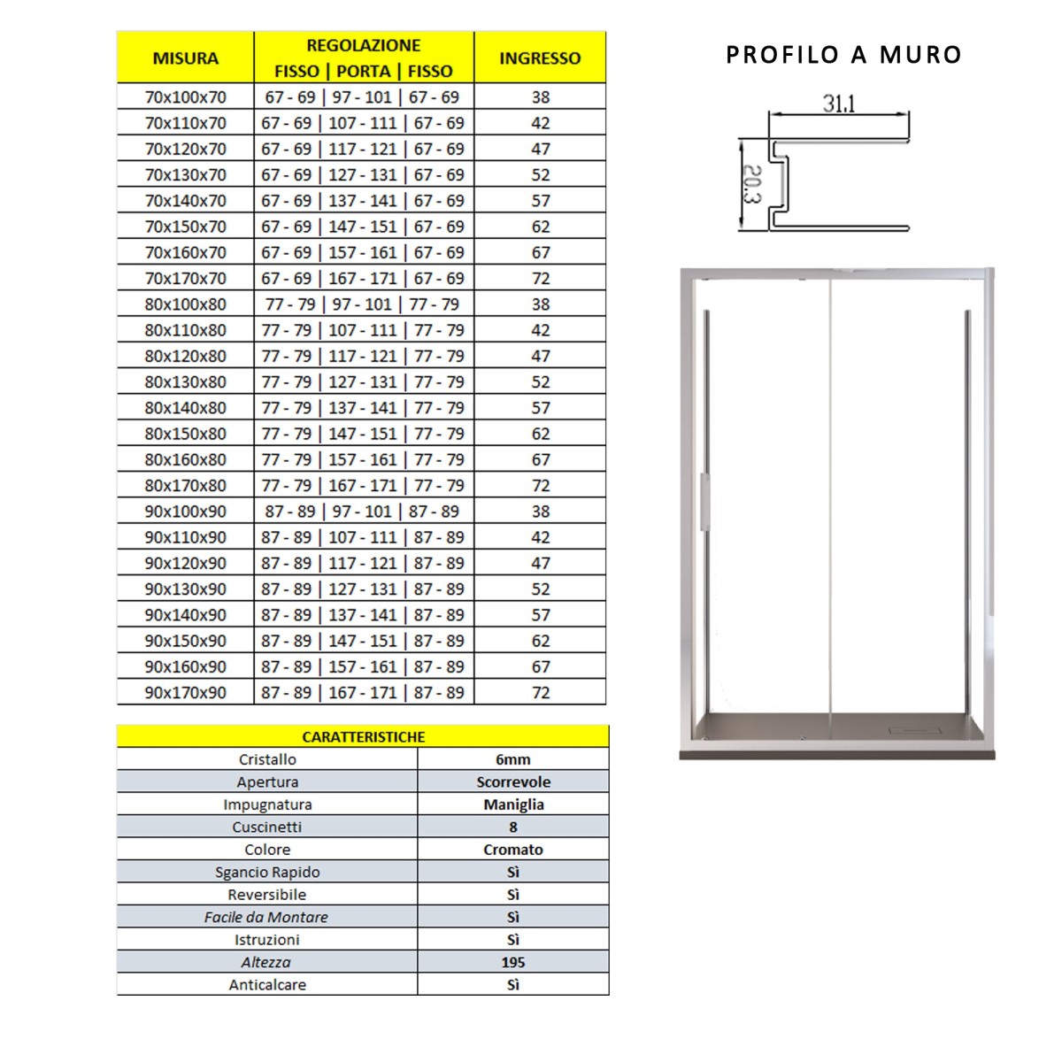 Box doccia 3 lati anta scorrevole H195 Anticalcare AGATA