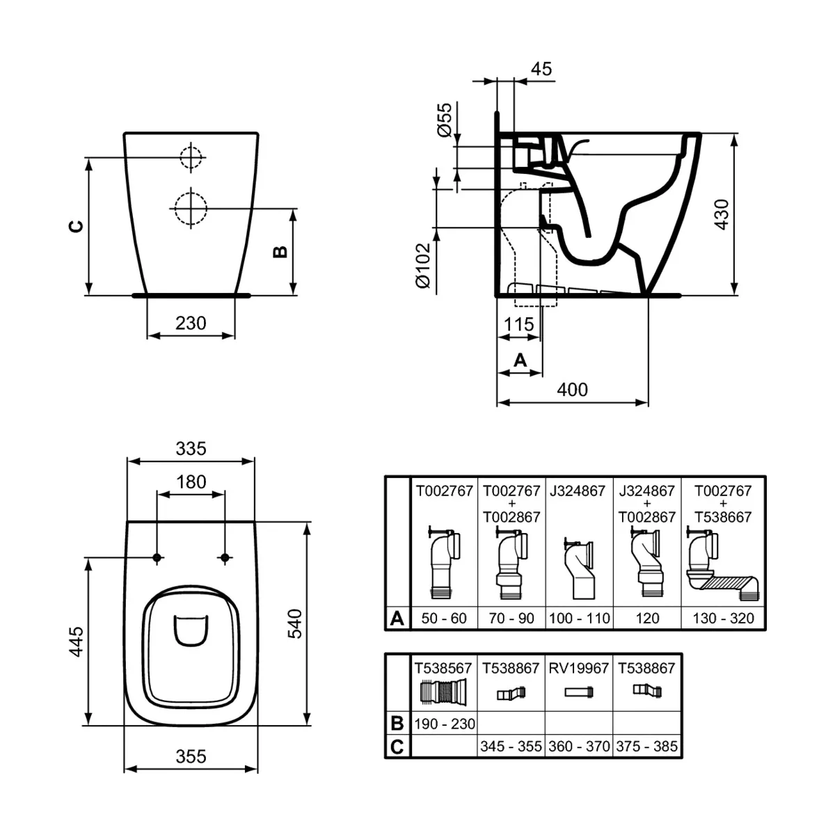 Wc filo muro con scarico traslato LIFE B Ideal standard