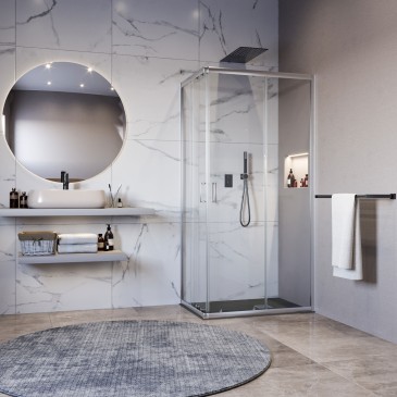 Installazione angolare del box doccia Matias h195 in un bagno moderno, design minimale con profili cromati e vetri trasparenti.