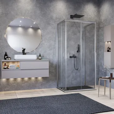 Soluzione box doccia Matias h195, design contemporaneo con tre lati in vetro trasparente per un effetto open space.